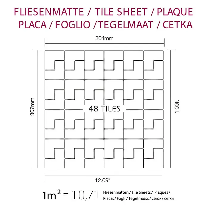 ALLOY Mosaikfliese Mosaik Fliese massiv Edelstahl hochglänzend grau 1,6mm stark Kink-S-S-M - 307 x 304 mm, Grau, Silber, Hochglänzend - Fliesenmatte mit 48 Fliesen, 304x307mm (12.09"x1.00ft). Zeigt Muster und Abmessungen.