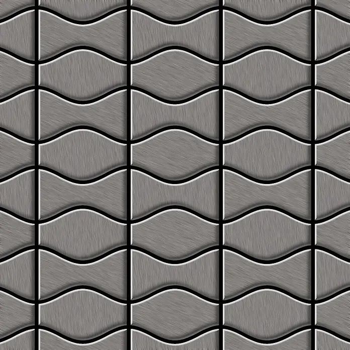 ALLOY Mosaikfliese Mosaik Fliese massiv Metall Titan gebürstet grau 1,6mm Kismet & Karma-Ti-SB - 299 x 299 mm, Schwarz, Grau, Sonstiges - Nahtlose graue Fliesen in gebürsteter Metalloptik, wellenförmiges Design mit schwarzen Konturen, 3D-Effekt.