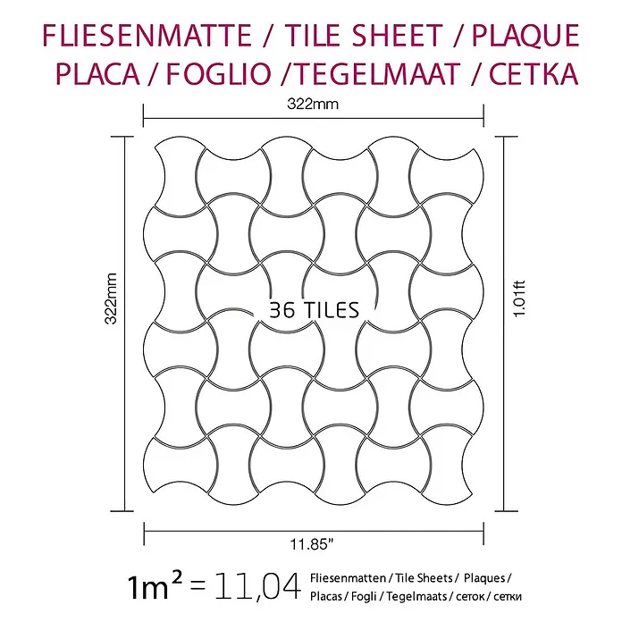ALLOY Mosaikfliese Mosaik Fliese massiv Metall Edelstahl hochglänzend grau 1,6mm Infinit-S-S-M - 322 x 322 mm, Grau, Silber, Hochglänzend - Fliesenmatte mit 36 ineinandergreifenden Laternenfliesen, Maße angegeben.