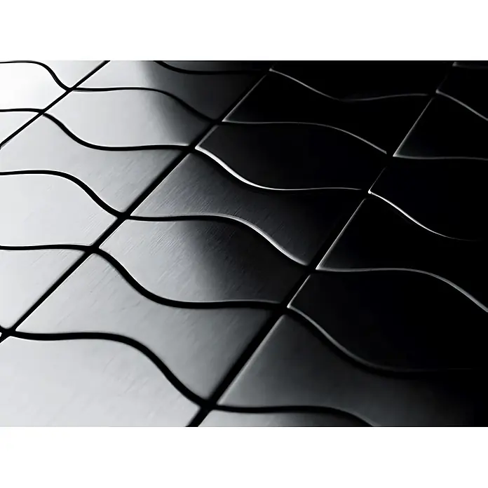 ALLOY Mosaikfliese Mosaik Fliese massiv Metall Titan gebürstet grau 1,6mm Kismet & Karma-Ti-SB - 299 x 299 mm, Schwarz, Grau, Sonstiges - Dunkle Metallfliesen mit wellenförmigem, ineinandergreifendem Muster, das eine elegante Texturoberfläche bildet.