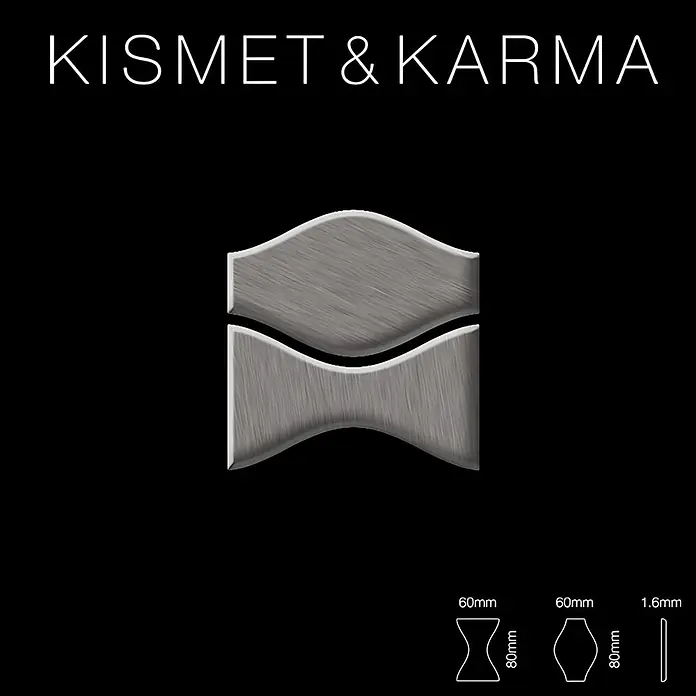 ALLOY Mosaikfliese Mosaik Fliese massiv Metall Titan gebürstet grau 1,6mm Kismet & Karma-Ti-SB - 299 x 299 mm, Schwarz, Grau, Sonstiges - Gebürstetes silbernes Metallelement, zweigeteilt und wellenförmig, mit Maßangaben und Querschnittsskizzen.