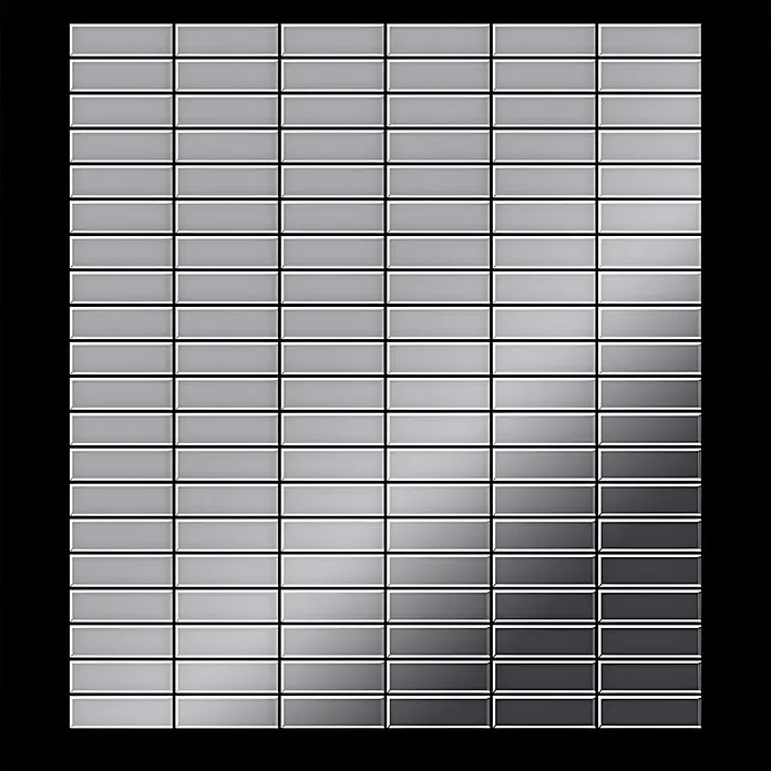 ALLOY Mosaikfliese Mosaik Fliese massiv Edelstahl marine hochglanz grau 1,6mm Cabin-S-S-MM - 316 x 329 mm, Grau, Silber, Blau, Hochglänzend - Glänzende graue rechteckige Fliesen in einem Rastermuster mit einem Hell-Dunkel-Verlauf.