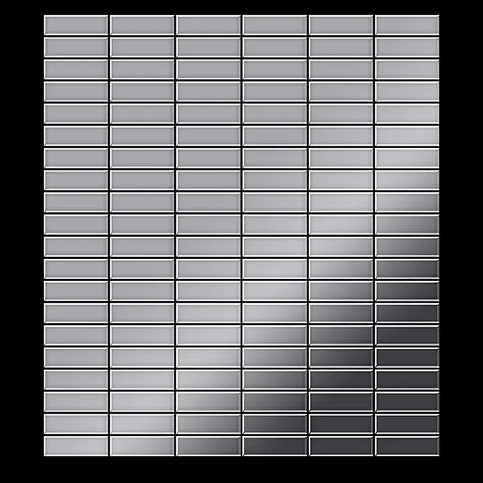 ALLOY Mosaikfliese Mosaik Fliese massiv Edelstahl marine hochglanz grau 1,6mm Cabin-S-S-MM - 316 x 329 mm, Grau, Silber, Blau, Hochglänzend - Gitter aus rechteckigen silbernen Metallfliesen, mit Hell-Dunkel-Grau-Verlauf.