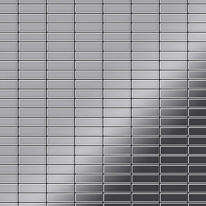 ALLOY Mosaikfliese Mosaik Fliese massiv Edelstahl marine hochglanz grau 1,6mm Cabin-S-S-MM - 316 x 329 mm, Grau, Silber, Blau, Hochglänzend - Glänzende graue rechteckige Mosaikfliesen im Gittermuster mit Hell-Dunkel-Verlauf.
