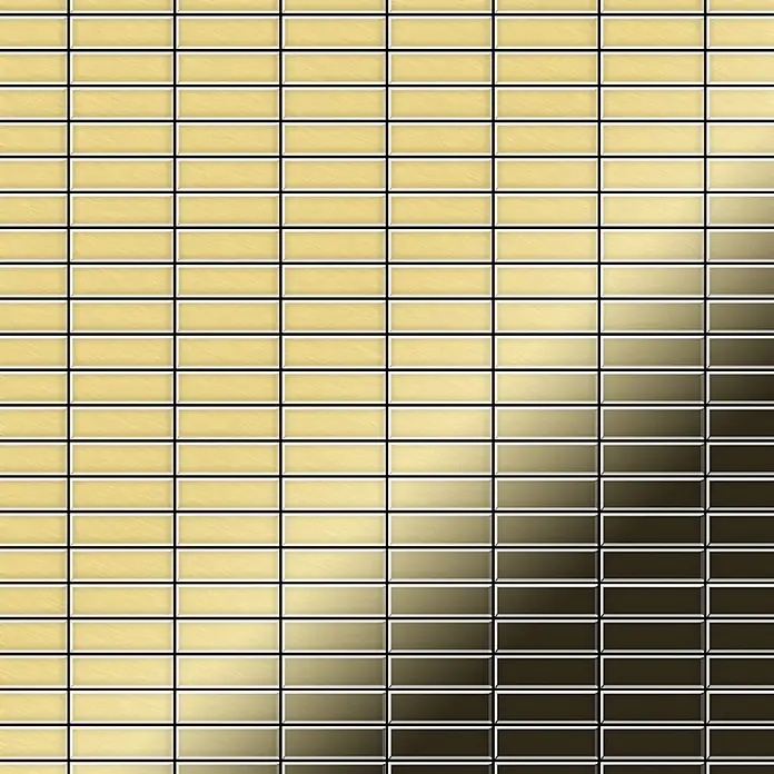 ALLOY Mosaikfliese Mosaik Fliese massiv Metall Messing gewalzt gold 1,6mm stark Cabin-BM - 316 x 329 mm, Gold, Sonstiges - Gebürstete goldene Rechteckfliesen, die von hellem Gold zu Dunkelbronze mit schwarzen Fugen verlaufen.