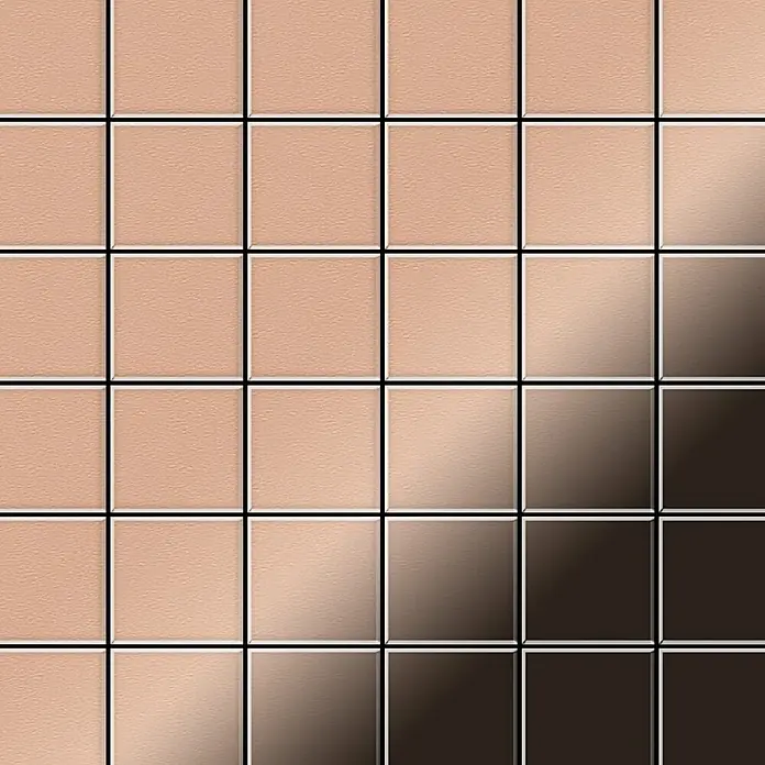 ALLOY Mosaikfliese Mosaik Fliese massiv Metall Kupfer gewalzt kupfer 1,6mm stark Cinquanta-CM - 306 x 306 mm, Bronze, Sonstiges - Quadratische Fliesen in einem Verlauf von hellem Pfirsich zu Dunkelbraun, mit subtiler Textur.