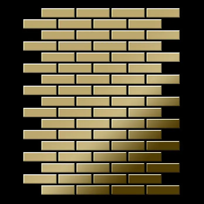ALLOY Mosaikfliese Mosaik Fliese massiv Metall Titan hochglänzend gold 1,6mm stark PK-Ti-GM - 309 x 302 mm, Gold, Hochglänzend - Goldene rechteckige Metallfliesen im Ziegelmuster.