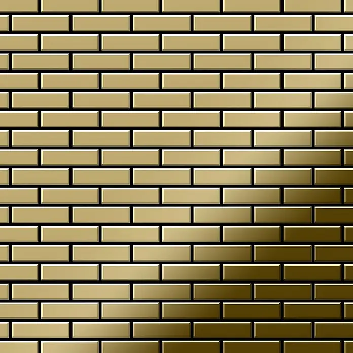 ALLOY Mosaikfliese Mosaik Fliese massiv Metall Titan hochglänzend gold 1,6mm stark PK-Ti-GM - 309 x 302 mm, Gold, Hochglänzend - Goldene, metallisch glänzende Ziegelwandmuster mit Relief.