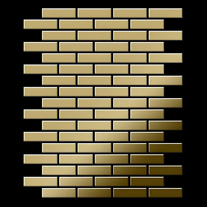 ALLOY Mosaikfliese Mosaik Fliese massiv Metall Titan hochglänzend gold 1,6mm stark PK-Ti-GM - 309 x 302 mm, Gold, Hochglänzend - Schimmernde goldene rechteckige Fliesen im versetzten Ziegelmuster.