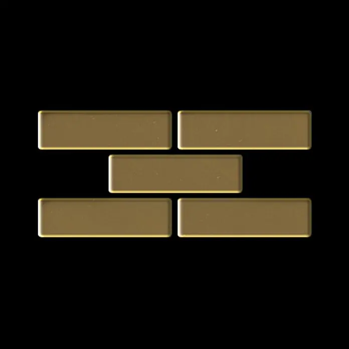 ALLOY Mosaikfliese Mosaik Fliese massiv Metall Titan hochglänzend gold 1,6mm stark PK-Ti-GM - 309 x 302 mm, Gold, Hochglänzend - Fünf glänzende goldene Rechteckfliesen im Ziegelmuster angeordnet.