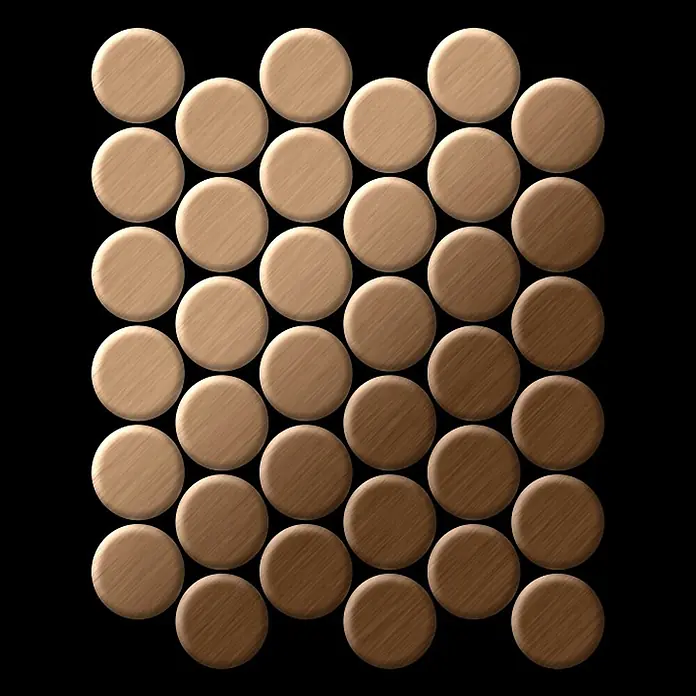 ALLOY Mosaikfliese Mosaik Fliese massiv Metall Titan gebürstet kupfer 1,6mm stark Dome-Ti-AB - 313 x 256 mm, Bronze, Sonstiges - Runde, holzgemaserte Spielsteine in einem Raster, die von hellen zu dunklen Farbtönen übergehen.