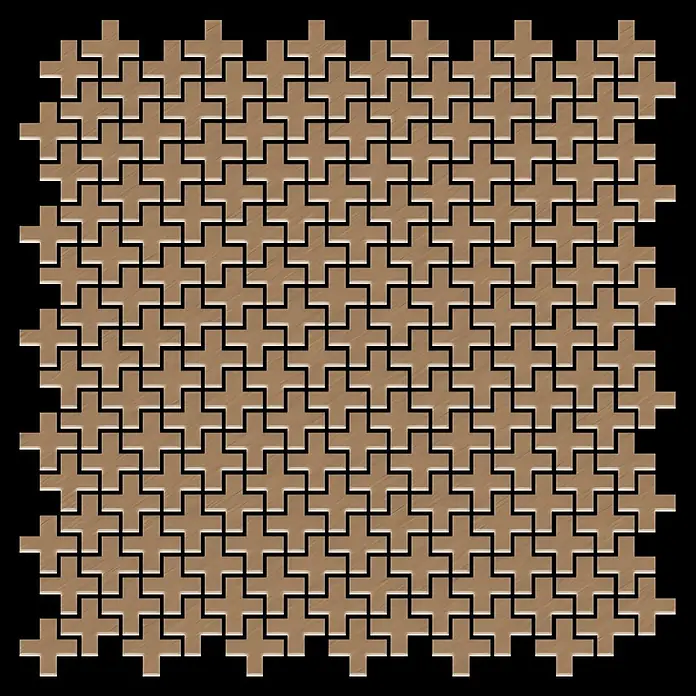 ALLOY Mosaikfliese Mosaik Fliese massiv Metall Titan gebürstet kupfer 1,6mm Swiss Cross-Ti-AB - 322 x 322 mm, Bronze, Sonstiges - Hellbraune, holzfarbene, ineinandergreifende kreuzförmige Mosaikfliesen mit schwarzen Fugen, die ein geometrisches Muster bilden.