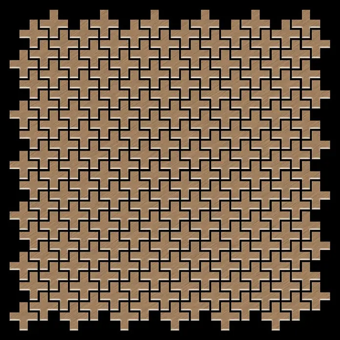 ALLOY Mosaikfliese Mosaik Fliese massiv Metall Titan gebürstet kupfer 1,6mm Swiss Cross-Ti-AB - 322 x 322 mm, Bronze, Sonstiges - Braune kreuzförmige Mosaikfliesen mit gebürsteter Textur, die ein Ineinandergreifmuster bilden.