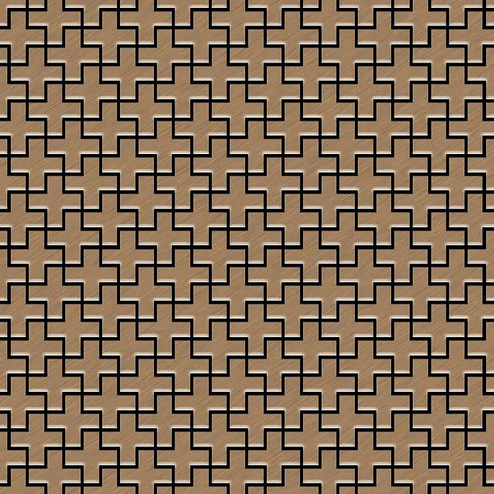 ALLOY Mosaikfliese Mosaik Fliese massiv Metall Titan gebürstet kupfer 1,6mm Swiss Cross-Ti-AB - 322 x 322 mm, Bronze, Sonstiges - Wiederholendes hellbraunes Holzmuster mit geprägten Kreuzformen und schwarzen Umrissen.