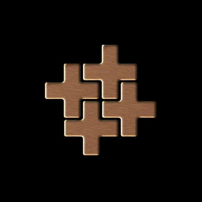 ALLOY Mosaikfliese Mosaik Fliese massiv Metall Titan gebürstet kupfer 1,6mm Swiss Cross-Ti-AB - 322 x 322 mm, Bronze, Sonstiges - Vier hellbraune, texturierte Kreuz-Puzzleteile, die ineinandergreifen und ein Quadrat bilden.