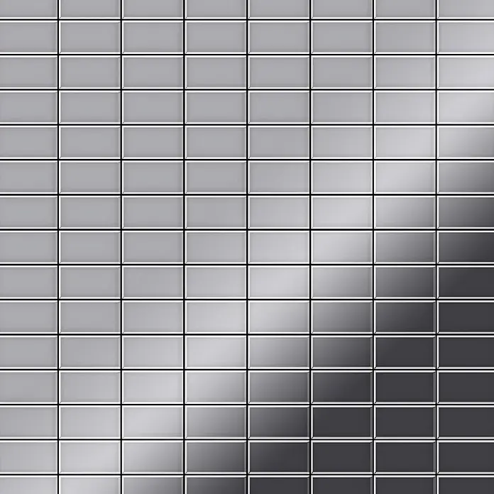 ALLOY Mosaikfliese Mosaik Fliese massiv Metall Edelstahl hochglanz grau 1,6mm Bauhaus-S-S-M - 318 x 329 mm, Grau, Silber, Hochglänzend - Reflektierende graue Fliesenfläche mit einem diagonalen Farbverlauf von hell nach dunkel.