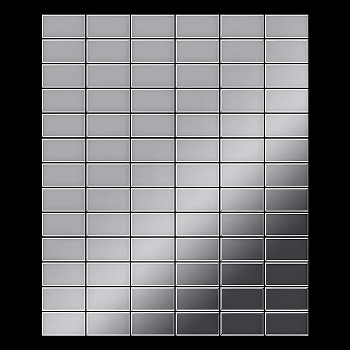 ALLOY Mosaikfliese Mosaik Fliese massiv Metall Edelstahl hochglanz grau 1,6mm Bauhaus-S-S-M - 318 x 329 mm, Grau, Silber, Hochglänzend - Gitter aus quadratischen Fliesen mit hell- bis dunkelgrauem Farbverlauf.