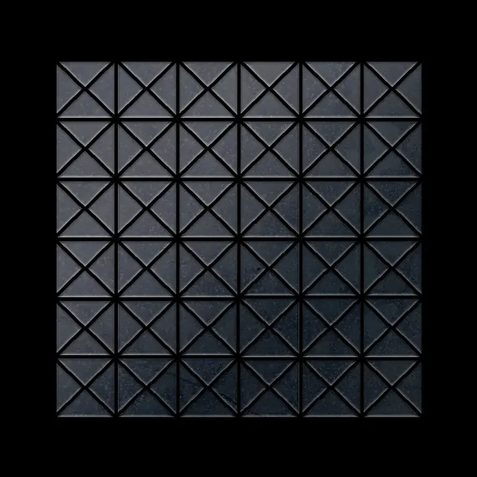 ALLOY Mosaikfliese Mosaik Fliese massiv Metall Rohstahl gewalzt grau 1,6mm stark Deco-RS - 303 x 303 mm, Grau, Sonstiges - Dunkles, strukturiertes geometrisches Fliesenmuster, wobei jedes Quadrat in vier Dreiecke unterteilt ist, was ein dimensionales Rasterdesign erzeugt.