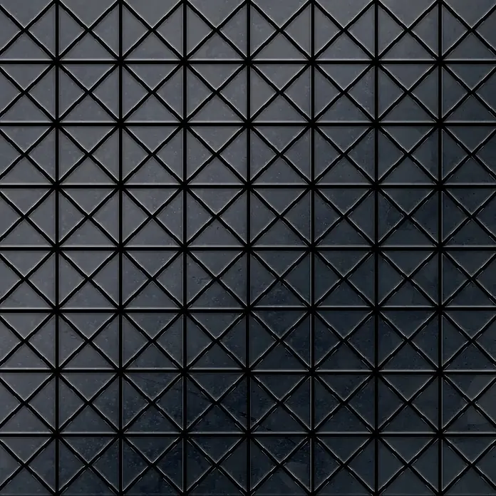 ALLOY Mosaikfliese Mosaik Fliese massiv Metall Rohstahl gewalzt grau 1,6mm stark Deco-RS - 303 x 303 mm, Grau, Sonstiges - Dunkelgraues, strukturiertes geometrisches Muster aus Quadraten, die durch schwarze Linien in Dreiecke geteilt sind.