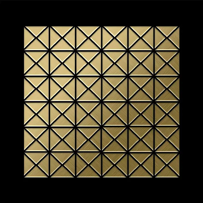 ALLOY Mosaikfliese Mosaik Fliese massiv Metall Titan gebürstet gold 1,6mm stark Deco-Ti-GB - 303 x 303 mm, Gold, Sonstiges - Quadratische, goldene Metallplatte mit gebürsteter Oberfläche und geometrischem Dreiecksmuster.