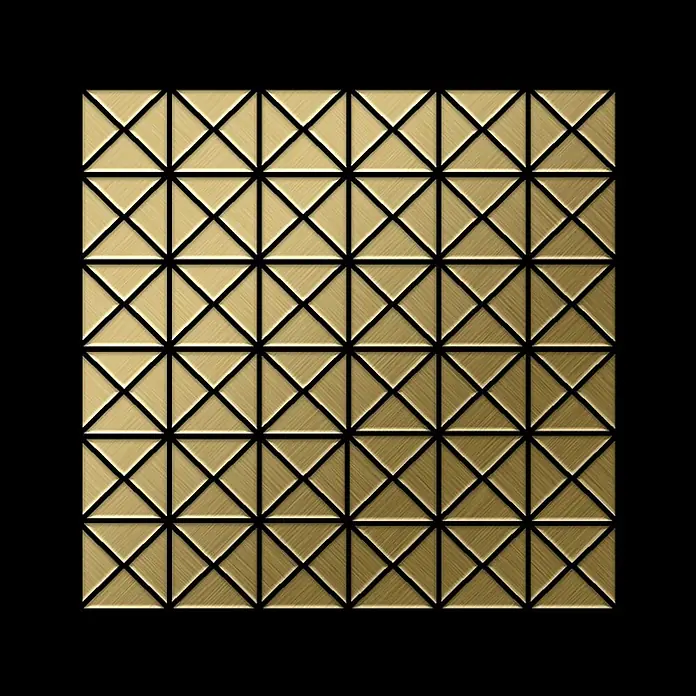 ALLOY Mosaikfliese Mosaik Fliese massiv Metall Titan gebürstet gold 1,6mm stark Deco-Ti-GB - 303 x 303 mm, Gold, Sonstiges - Gebürstetes messingfarbenes geometrisches Fliesenmuster, ein Raster aus Quadraten bildend, jedes durch dunkle Linien in vier Dreiecke geteilt.