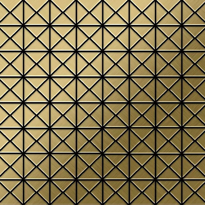 ALLOY Mosaikfliese Mosaik Fliese massiv Metall Titan gebürstet gold 1,6mm stark Deco-Ti-GB - 303 x 303 mm, Gold, Sonstiges - Gebürstetes goldenes geometrisches Muster aus Quadraten, die durch schwarze Linien in Dreiecke geteilt sind.