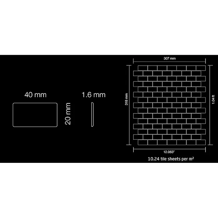 ALLOY Mosaikfliese Mosaik Fliese massiv Metall Titan gebürstet gold 1,6mm stark House-Ti-GB - 318 x 307 mm, Gold, Sonstiges - Diagramm mit Maßen einer 40x20x1,6 mm rechteckigen Mosaikfliese und eines 307x318 mm Fliesenbogens. 10,24 Bögen pro m².