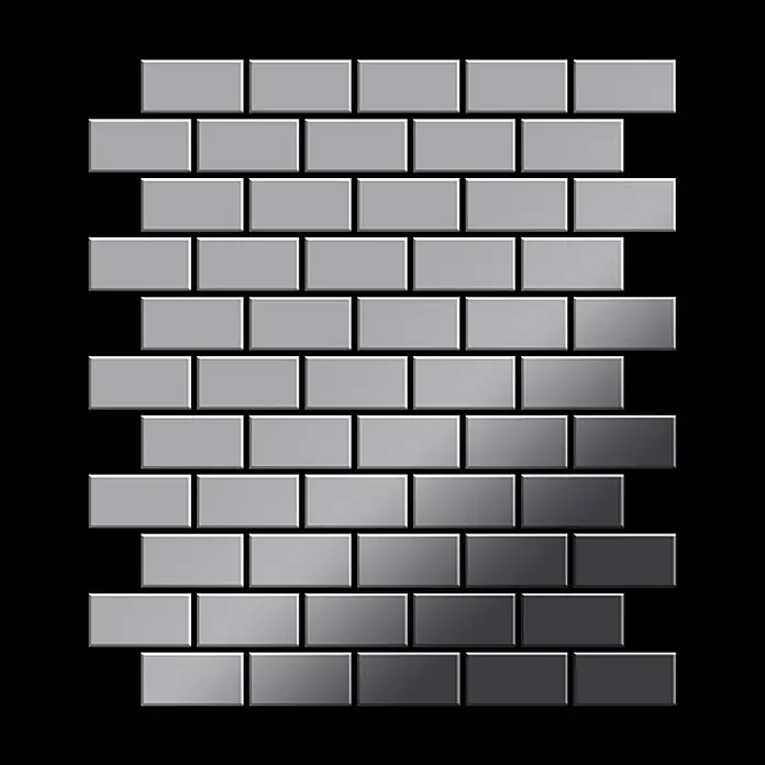 ALLOY Mosaikfliese Mosaik Fliese massiv Edelstahl marine hochglanz grau 1,6mm House-S-S-MM - 318 x 307 mm, Grau, Silber, Blau, Hochglänzend - Rechteckige graue Mosaikfliesen mit Hell-Dunkel-Verlauf.