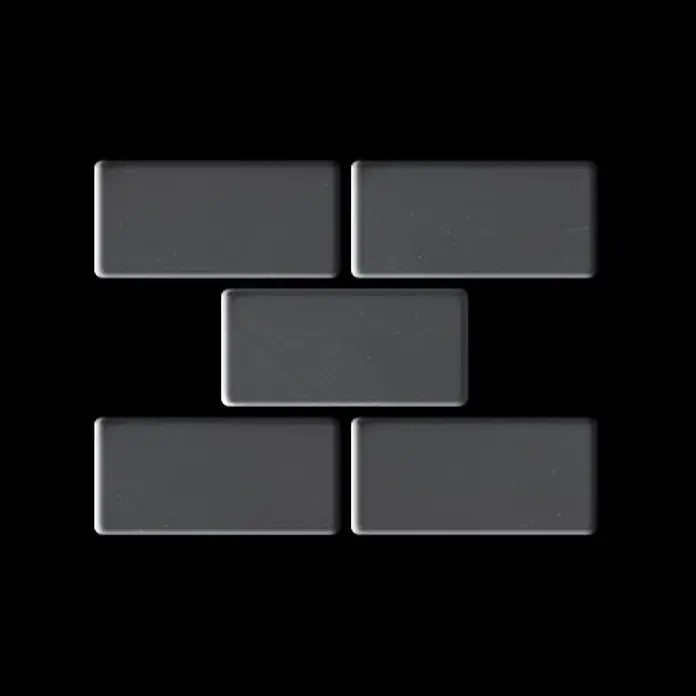 ALLOY Mosaikfliese Mosaik Fliese massiv Edelstahl marine hochglanz grau 1,6mm House-S-S-MM - 318 x 307 mm, Grau, Silber, Blau, Hochglänzend - Fünf dunkelgraue glänzende rechteckige Fliesen in versetztem Muster angeordnet.