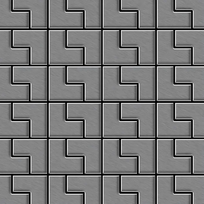 ALLOY Mosaikfliese Mosaik Fliese massiv Edelstahl marine hochglanz grau 1,6mm Kink-S-S-MM - 307 x 304 mm, Grau, Silber, Blau, Hochglänzend - Nahtloses Muster aus ineinandergreifenden grauen L-förmigen Fliesen mit gebürsteter Metalltextur.