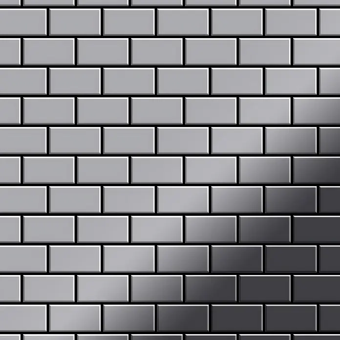 ALLOY Mosaikfliese Mosaik Fliese massiv Edelstahl marine hochglanz grau 1,6mm House-S-S-MM - 318 x 307 mm, Grau, Silber, Blau, Hochglänzend - Graue U-Bahn-Fliesen im Ziegelmuster, glänzend, mit Farbverlauf von Hell- zu Dunkelgrau.