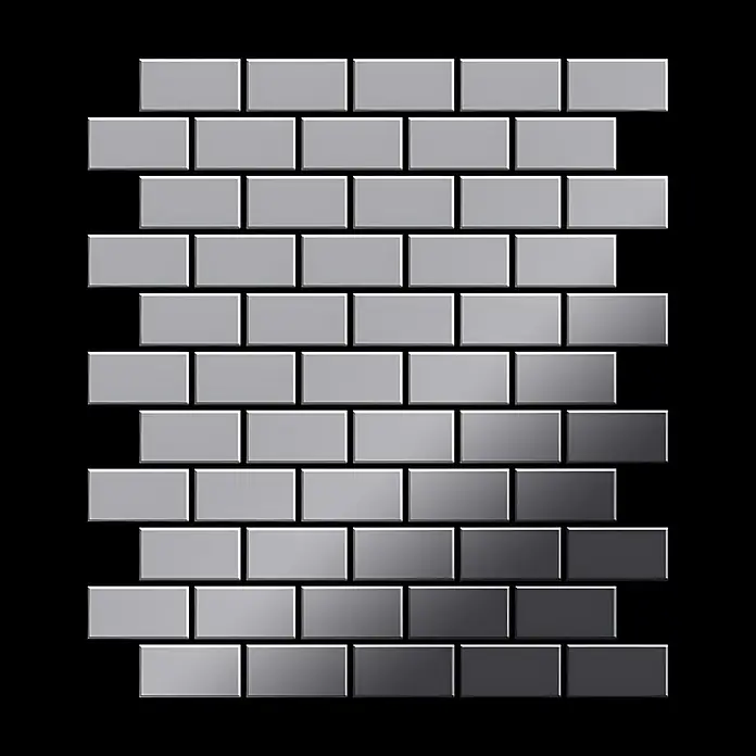 ALLOY Mosaikfliese Mosaik Fliese massiv Edelstahl marine hochglanz grau 1,6mm House-S-S-MM - 318 x 307 mm, Grau, Silber, Blau, Hochglänzend - Metallische U-Bahn-Fliesen im Versatzmuster, Übergang von Silber zu Dunkelgrau.