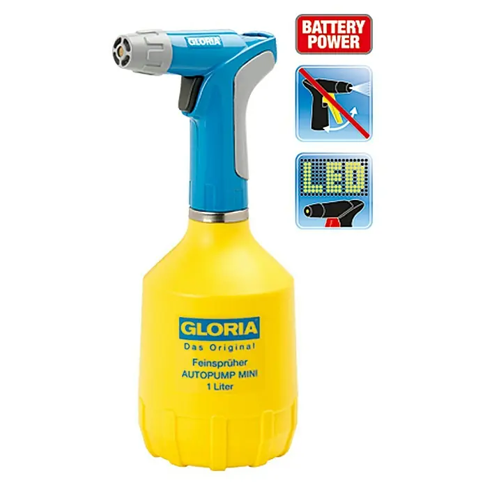 Gloria Feinsprüher AutoPump Mini mit Batteriebetrieb - Füllmenge: 1 l, LED beleuchtete Sprühdüse - Gloria AutoPump Mini Feinsprüher: Gelbe 1-Liter-Sprühflasche mit blau-grauem Sprühkopf, ideal für Haus und Garten. Mit Batteriebetrieb und LED-Anzeige.