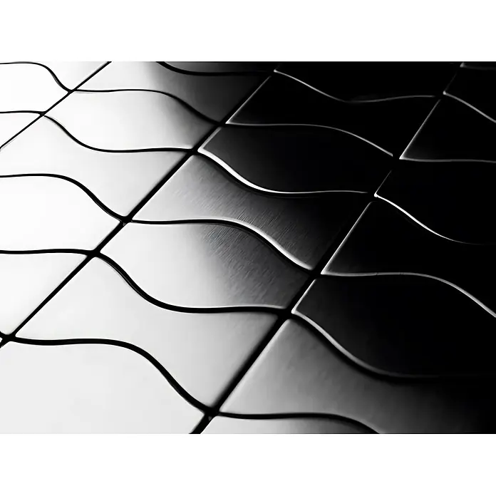 ALLOY Mosaikfliese Mosaik Fliese massiv Edelstahl marine gebürstet Kismet & Karma-S-S-MB - 299 x 299 mm, Grau, Silber, Blau, Sonstiges - Reflektierende, wellenförmige Metallfliesen mit einem kontrastreichen Gittermuster.