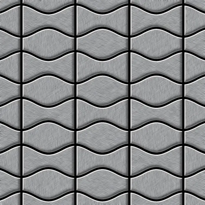 ALLOY Mosaikfliese Mosaik Fliese massiv Edelstahl marine gebürstet Kismet & Karma-S-S-MB - 299 x 299 mm, Grau, Silber, Blau, Sonstiges - Nahtloses Muster aus gewellten, grau strukturierten Fliesen mit schwarzen Fugen, das einen 3D-Effekt erzeugt.