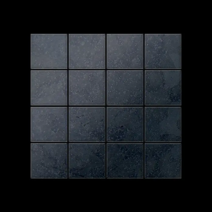 ALLOY Mosaikfliese Mosaik Fliese massiv Metall Rohstahl gewalzt grau 1,6mm stark Cinquanta-RS - 306 x 306 mm, Grau, Sonstiges - Dunkelgraue Naturstein-Mosaikfliesen mit gesprenkelter Textur, in einem 4x4-Raster.