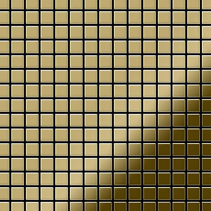 ALLOY Mosaikfliese Mosaik Fliese massiv Titan hochglänzend gold 1,6mm stark Mosaic-Ti-GM - 322 x 322 mm, Gold, Hochglänzend - Goldene quadratische Mosaikfliesen mit Metallglanz, in einem Gittermuster mit dezentem Lichtverlauf angeordnet.