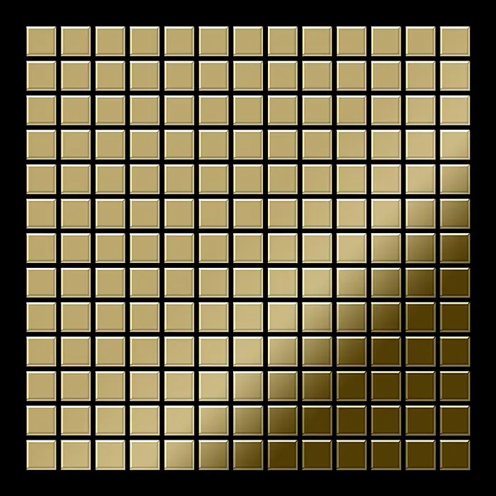 ALLOY Mosaikfliese Mosaik Fliese massiv Titan hochglänzend gold 1,6mm stark Mosaic-Ti-GM - 322 x 322 mm, Gold, Hochglänzend - Quadratische goldene Mosaikfliesen mit metallischem Glanz, in einem Raster angeordnet mit reflektierendem Lichtverlauf.