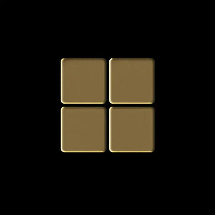 ALLOY Mosaikfliese Mosaik Fliese massiv Titan hochglänzend gold 1,6mm stark Mosaic-Ti-GM - 322 x 322 mm, Gold, Hochglänzend - Vier metallisch goldene quadratische Fliesen mit abgerundeten Ecken, in einem 2x2 Raster angeordnet.