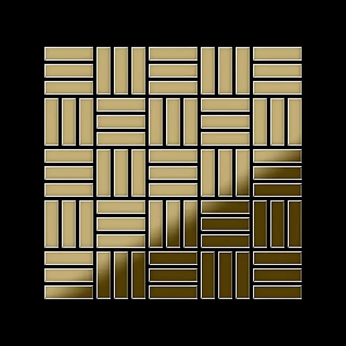 ALLOY Mosaikfliese Mosaik Fliese massiv Metall Titan hochglanz gold 1,6mm Basketweave-Ti-GM - 288 x 288 mm, Gold, Hochglänzend - Rechteckige Fliesen in Beige und Braun im Flechtmuster, für Boden- oder Wandgestaltung.