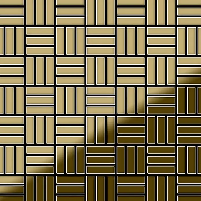 ALLOY Mosaikfliese Mosaik Fliese massiv Metall Titan hochglanz gold 1,6mm Basketweave-Ti-GM - 288 x 288 mm, Gold, Hochglänzend - Glänzende rechteckige Fliesen im Korbmuster, Farbverlauf von hellem Beige zu Dunkelbraun.