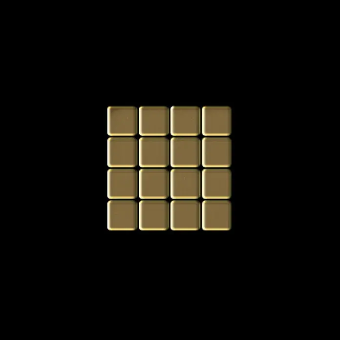 ALLOY Mosaikfliese Mosaik Fliese massiv Titan hochglänzend gold 1,6mm stark Glomesh-Ti-GM - 316 x 316 mm, Gold, Hochglänzend - Sechzehn goldfarbene, quadratische Fliesen mit abgerundeten Kanten, in einem 4x4-Raster angeordnet.