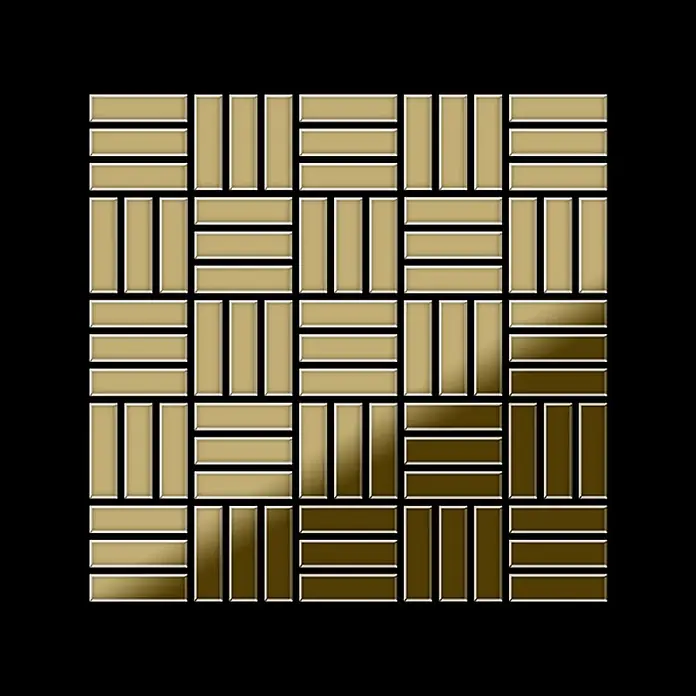 ALLOY Mosaikfliese Mosaik Fliese massiv Metall Titan hochglanz gold 1,6mm Basketweave-Ti-GM - 288 x 288 mm, Gold, Hochglänzend - Glänzende gold-bronze Rechteckfliesen im Korbmuster angeordnet.