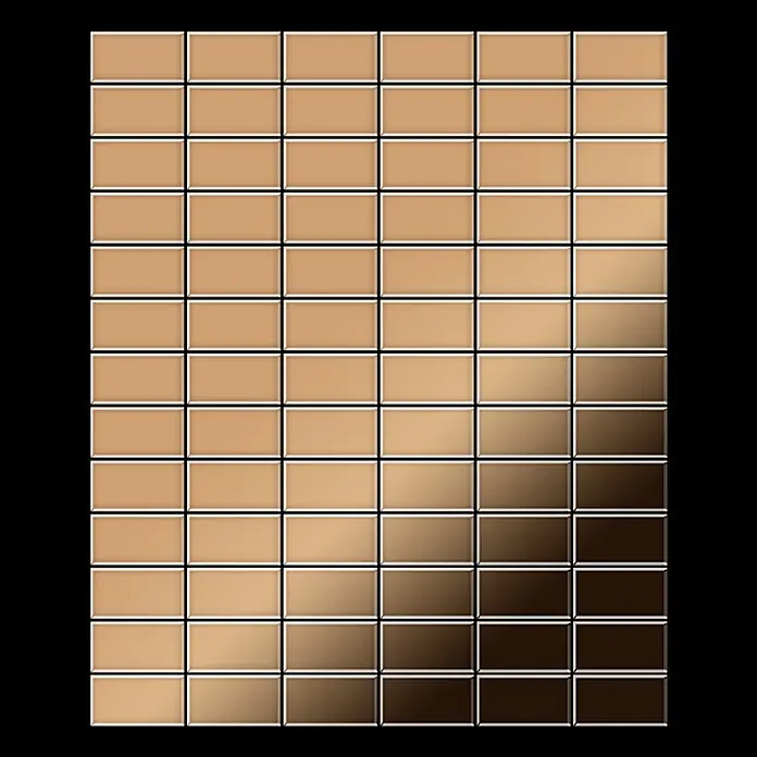 ALLOY Mosaikfliese Mosaik Fliese massiv Metall Titan hochglanz kupfer 1,6mm Bauhaus-Ti-AM - 318 x 329 mm, Bronze, Hochglänzend - Raster aus rechteckigen Fliesen mit einem diagonalen Farbverlauf von hell- zu dunkelbraun.