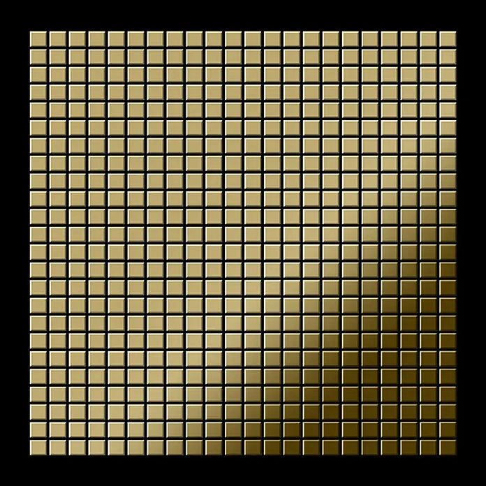 ALLOY Mosaikfliese Mosaik Fliese massiv Titan hochglänzend gold 1,6mm stark Glomesh-Ti-GM - 316 x 316 mm, Gold, Hochglänzend - Raster aus schimmernden goldenen quadratischen Mosaikfliesen.