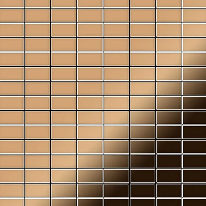 ALLOY Mosaikfliese Mosaik Fliese massiv Metall Titan hochglanz kupfer 1,6mm Bauhaus-Ti-AM - 318 x 329 mm, Bronze, Hochglänzend - Rechteckige Fliesen mit einem diagonalen Braunverlauf von hell nach dunkel.