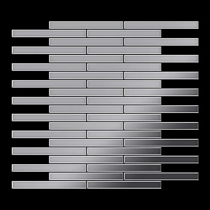 ALLOY Mosaikfliese Mosaik Fliese massiv Edelstahl marine hochglanz grau 1,6mm Deedee-S-S-MM - 316 x 247 mm, Grau, Silber, Blau, Hochglänzend - Graue rechteckige Mosaikfliesen mit subtilem Hell-Dunkel-Verlauf in modernem Versatzmuster.