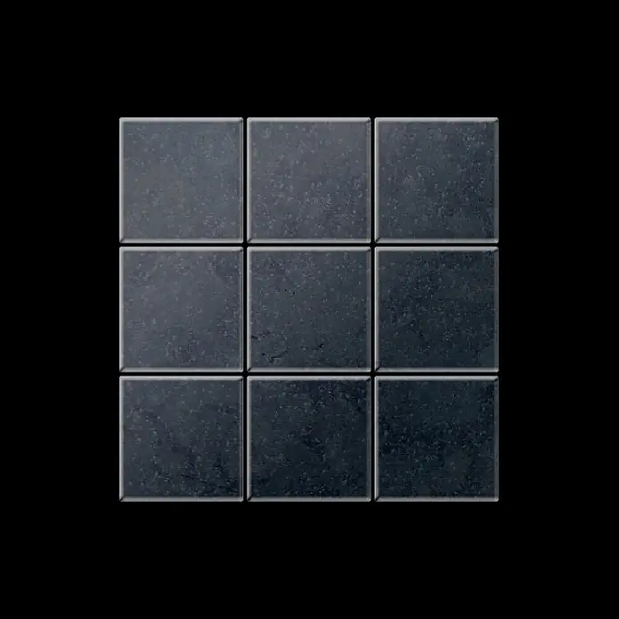 ALLOY Mosaikfliese Mosaik Fliese massiv Metall Rohstahl gewalzt grau 1,6mm stark Century-RS - 98 x 98 mm, Grau, Sonstiges - Neun quadratische dunkelgraue Steinfliesen in einem Raster angeordnet.