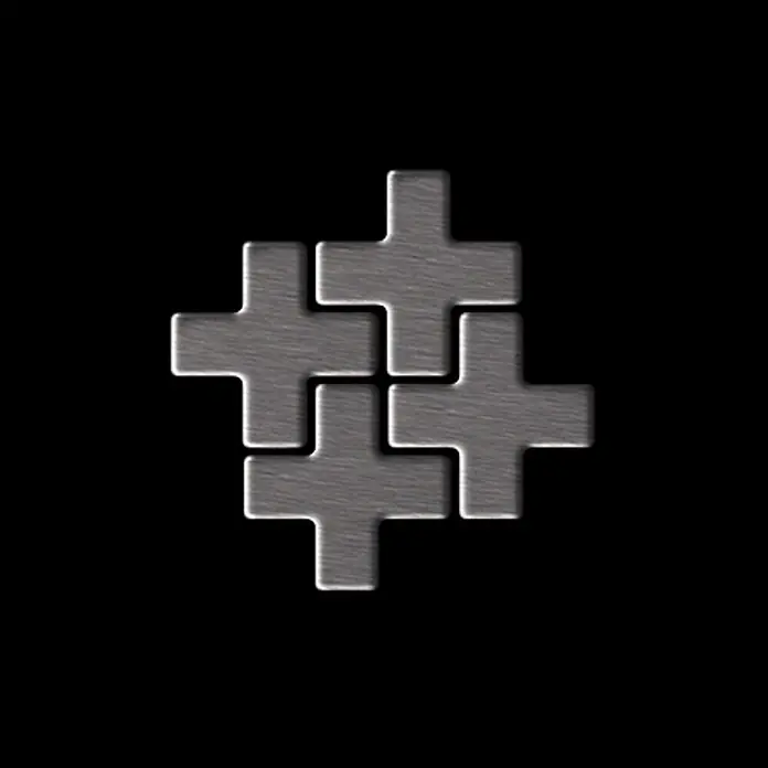 ALLOY Mosaikfliese Mosaik Fliese massiv Edelstahl gebürstet grau 1,6mm Swiss Cross-S-S-B - 322 x 322 mm, Grau, Silber, Sonstiges - Vier ineinandergreifende graue Pluszeichen aus gebürstetem Metall, die ein quadratisches Muster bilden.