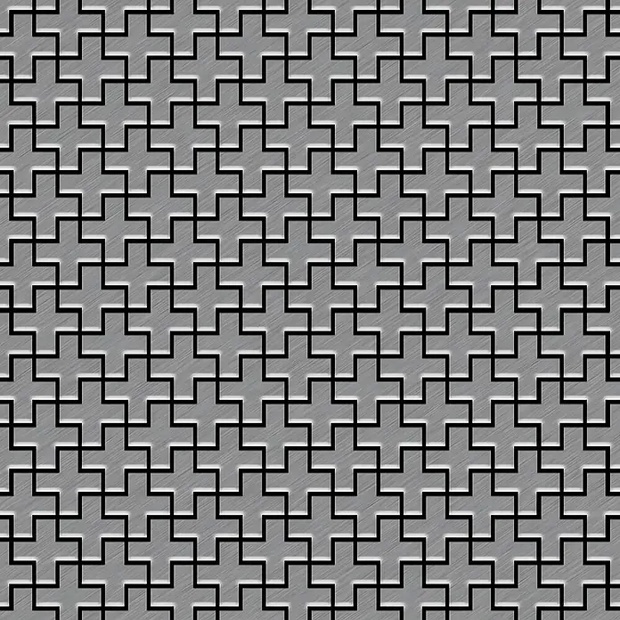 ALLOY Mosaikfliese Mosaik Fliese massiv Edelstahl marine gebürstet grau Swiss Cross-S-S-MB - 322 x 322 mm, Grau, Silber, Blau, Sonstiges - Nahtloses Muster aus gebürsteten grauen Metallkreuzen mit schwarzen Umrissen.